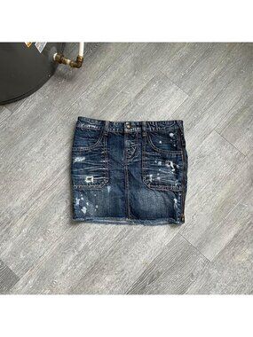 Navy Blue / Blue / White Vintage Low-Rise / Ripped Guess Denim Mini Skirt